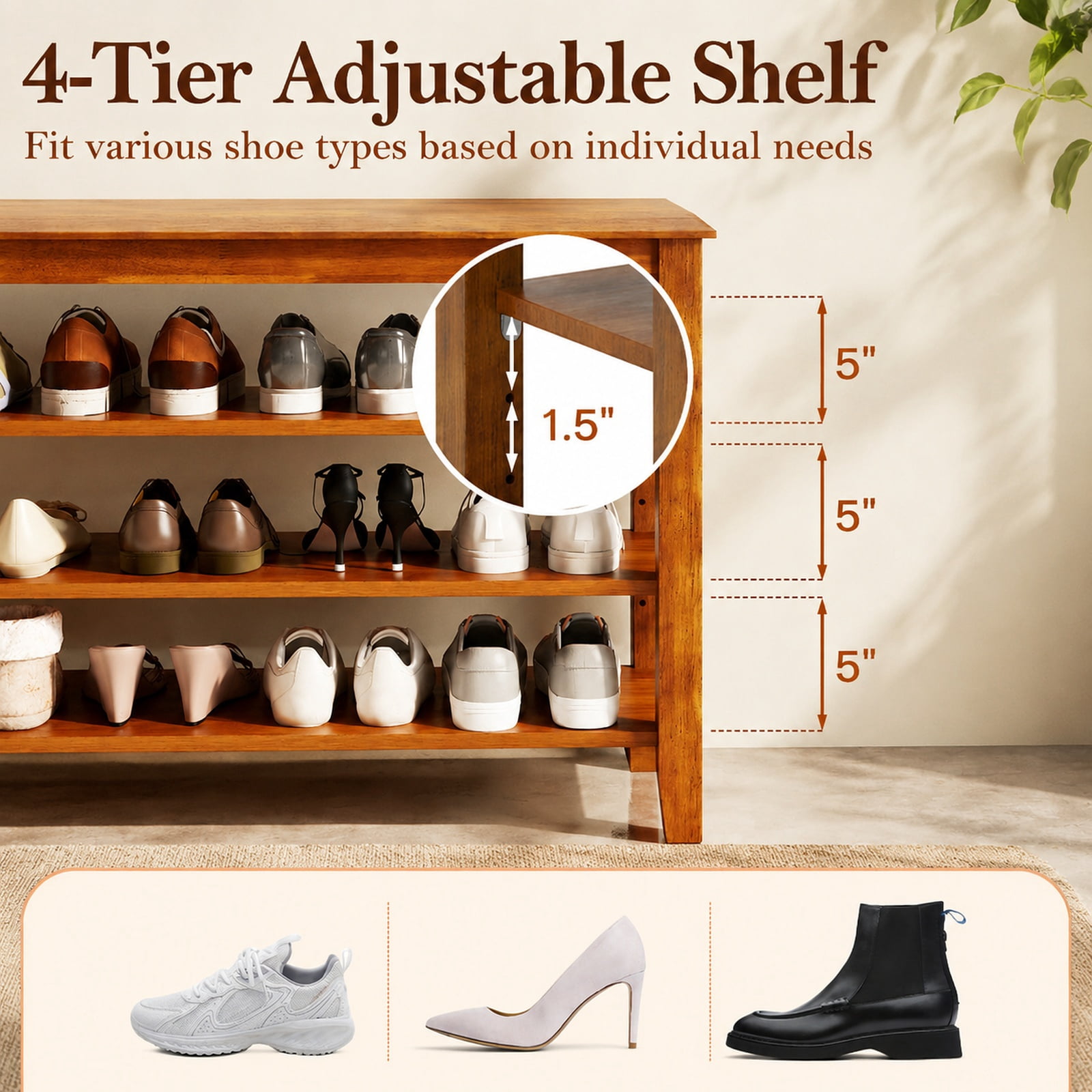 Furnibear 3 Tier Shoe Rack Bench with Adjustable Shelves and Rubber Wood Seat for Entryway and Living Room Shoe Storage, Brown
