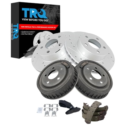 TRQ Front & Rear Brake Pad & Rotor,Shoe & Drum Kit Premium G-Coated Semi-Metallic Performance Fits 1998-2002 Ford Ranger Mazda B3000 1998-2000 B4000
