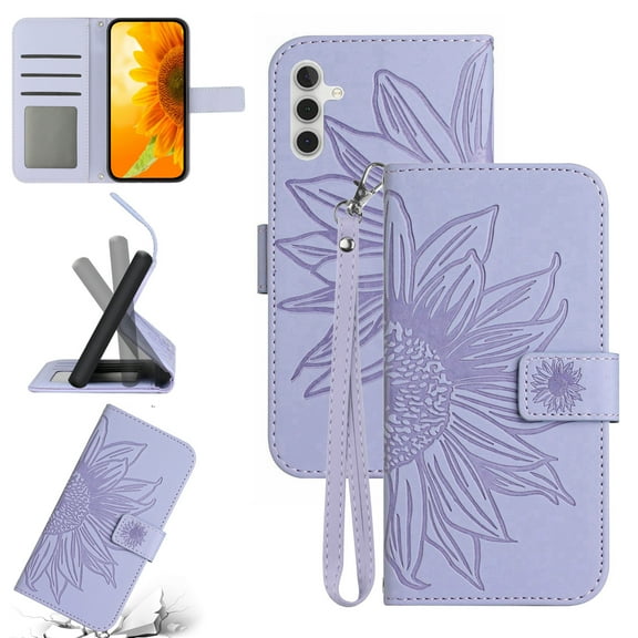 Feishell Slim Wallet Case for Samsung Galaxy A15,for Men Women,Sunflower Embossed Pattern PU Leather Flip Cover Magnetic Closure Folio Card Slots Kickstand Phone Case with Hand Strap,Lightpurple