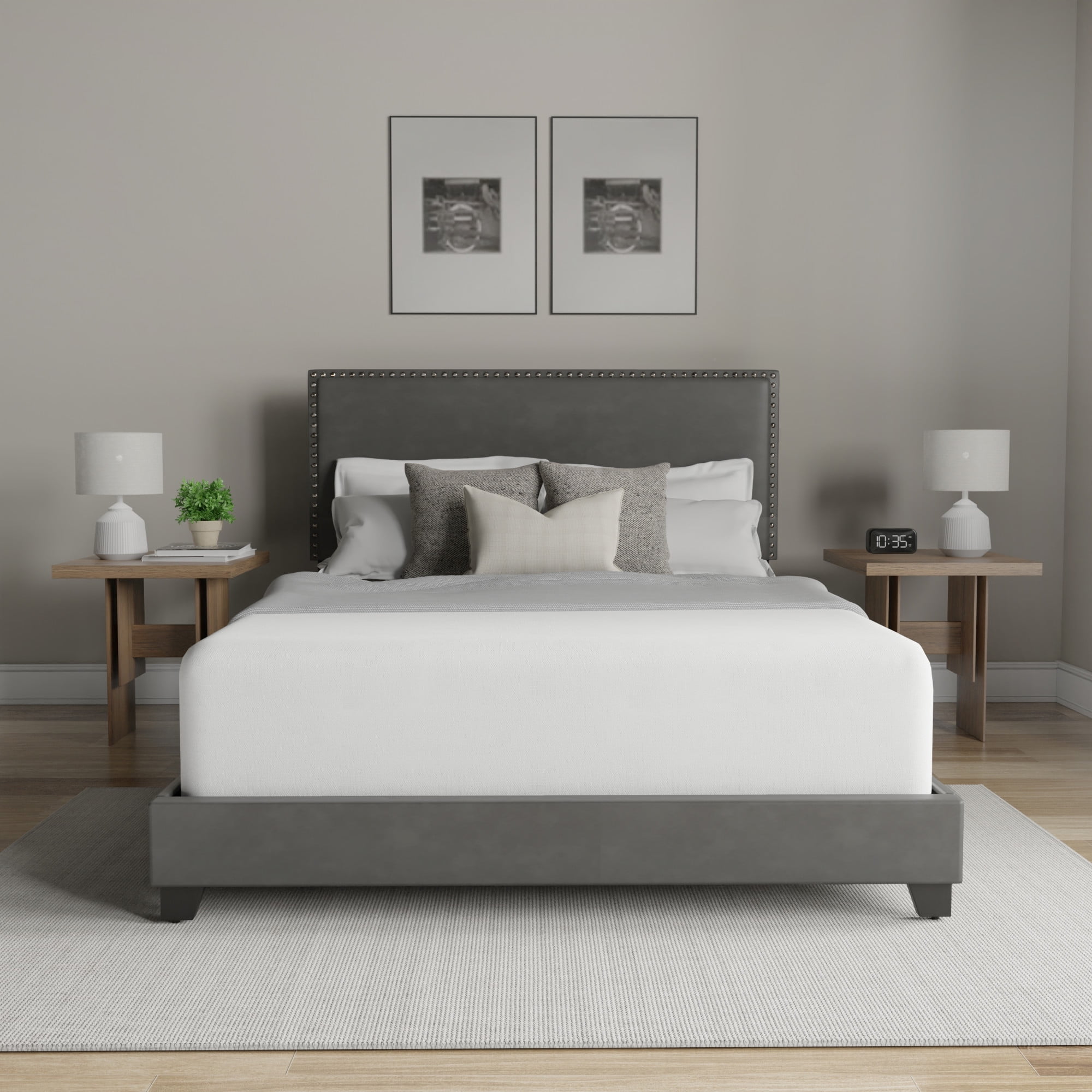 Willow Nailhead Trim Upholstered Full Bed, Charcoal Faux Leather