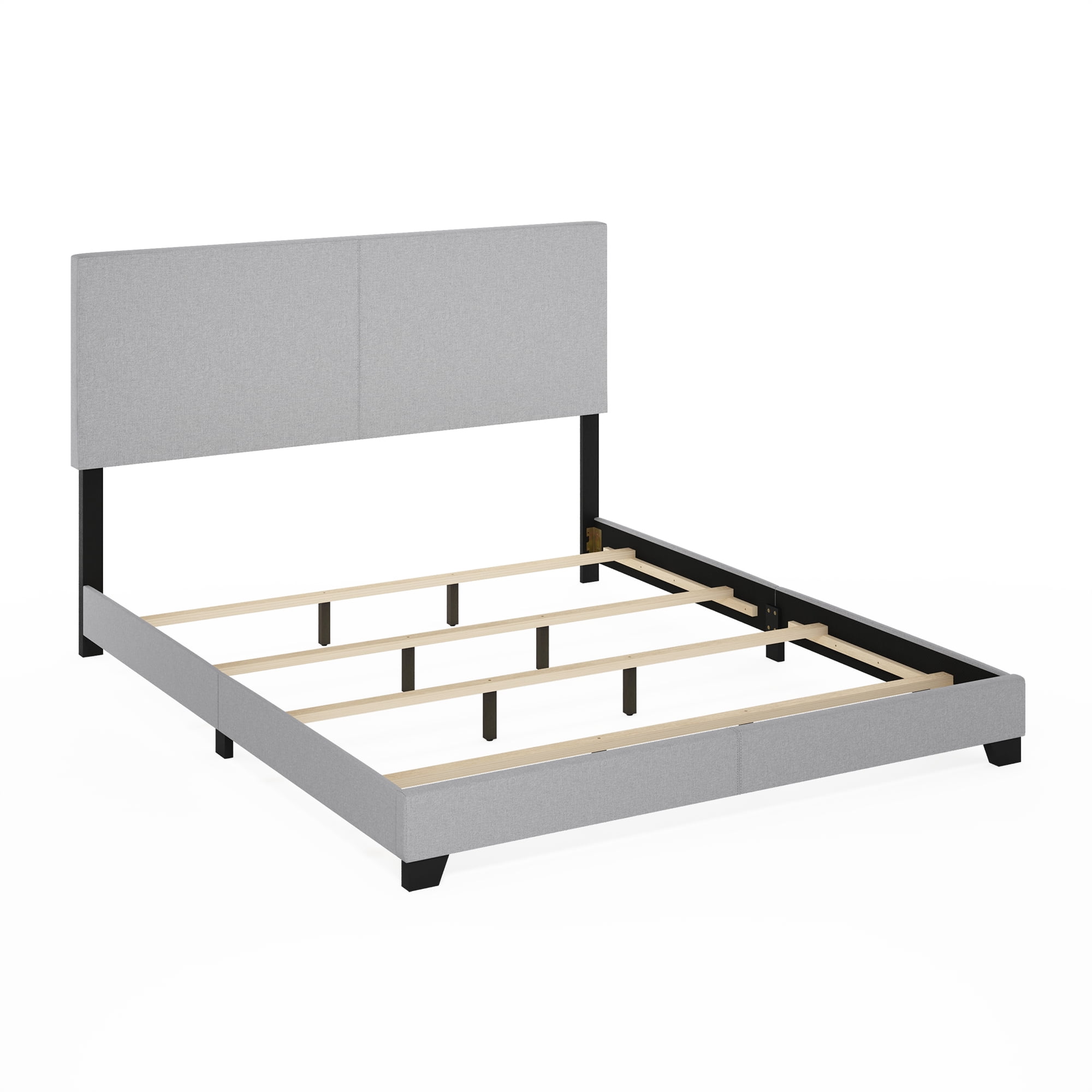 Furinno PESSAC California King Upholstered Bed Frame with Fabric Headboard and Wooden Slat Support, Light Grey