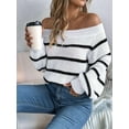 thumbnail image 4 of Off Shoulder Striped Sweater Women Fall Fashion Casual Knit Sweaters Pullover Y2k Cute Tops White S, 4 of 8