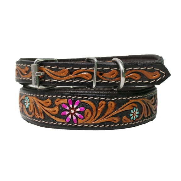 Medium 17''- 21'' Padded Leather Dog Collar Floral Hand Tooled 60HR15