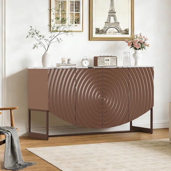 4 Door Modern Sideboard Buffet Cabinet, Accent Water Ripple Storage Sideboard Cabinet Buffet Sideboard with Simulated Marble Textured Countertop for Kitchen Living Room