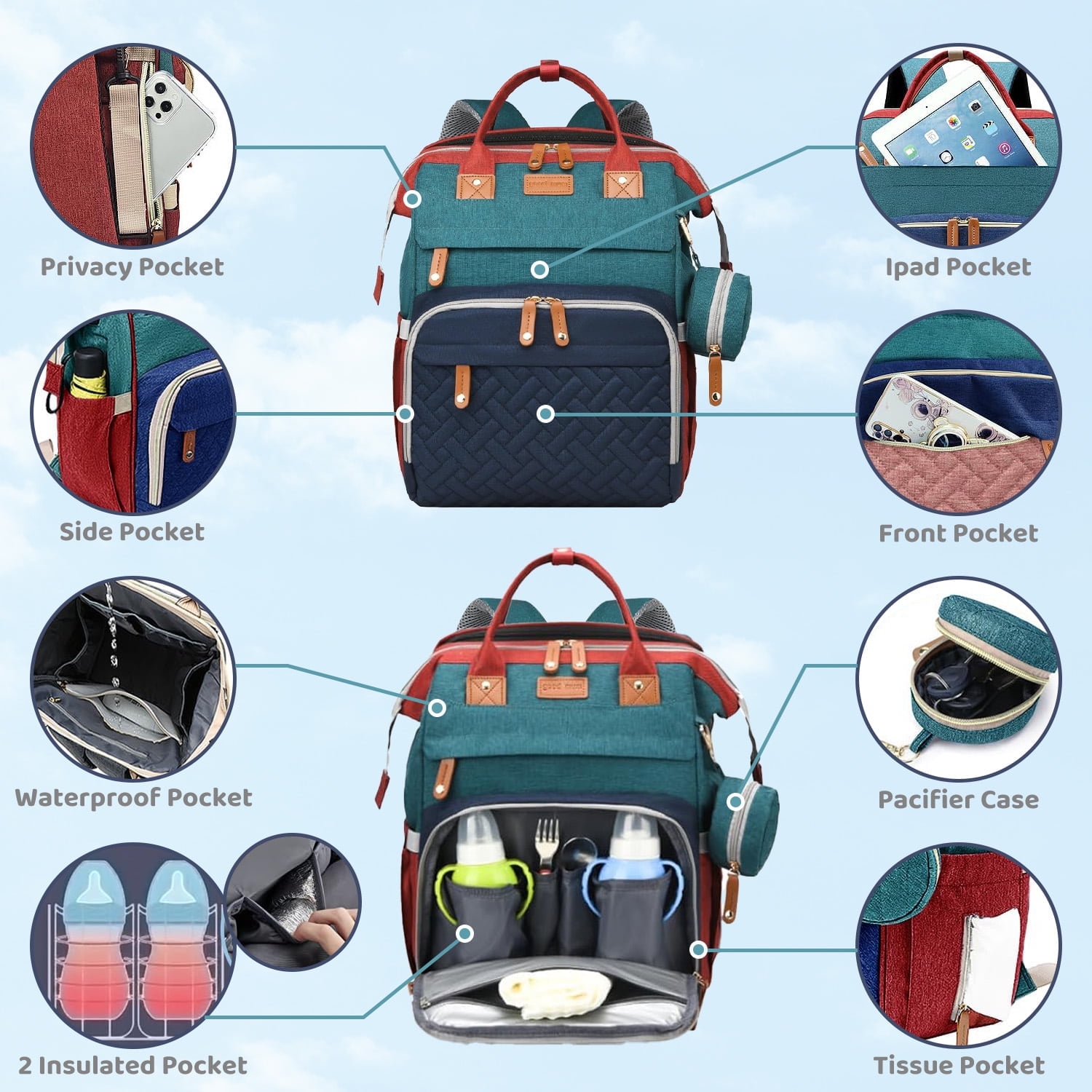 Morfone Diaper Bag Backpack with Changing Station, WaterproofLarge Capacity Baby Bag with USB Charging Port & Pacifier Case - Unisex, Colorful