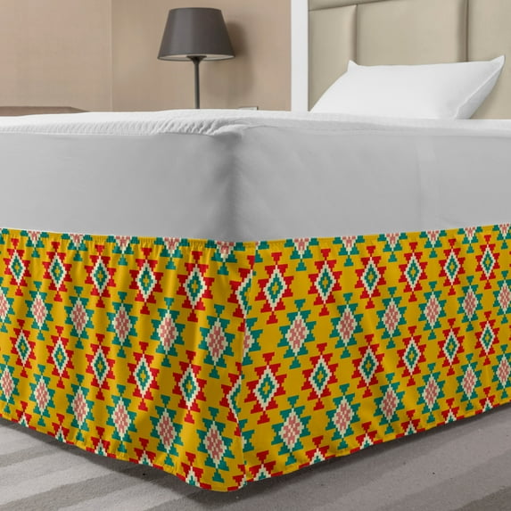 Abstract Bed Skirt, Digitally Generated Geometric Print of Square Shapes, Elastic Bedskirt Dust Ruffle Wrap Around for Bedding Decor, 4 Sizes, Earth Yellow Multicolor, by Ambesonne
