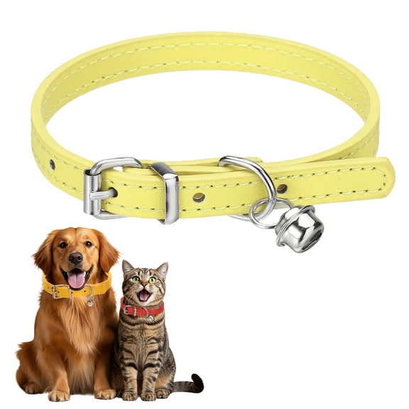 Dog Collar with Bell, Pu Leather Cat Collars Pet Basic Soft Padded Adjustable Buckle, 12" (Yellow, 1 Pcs)