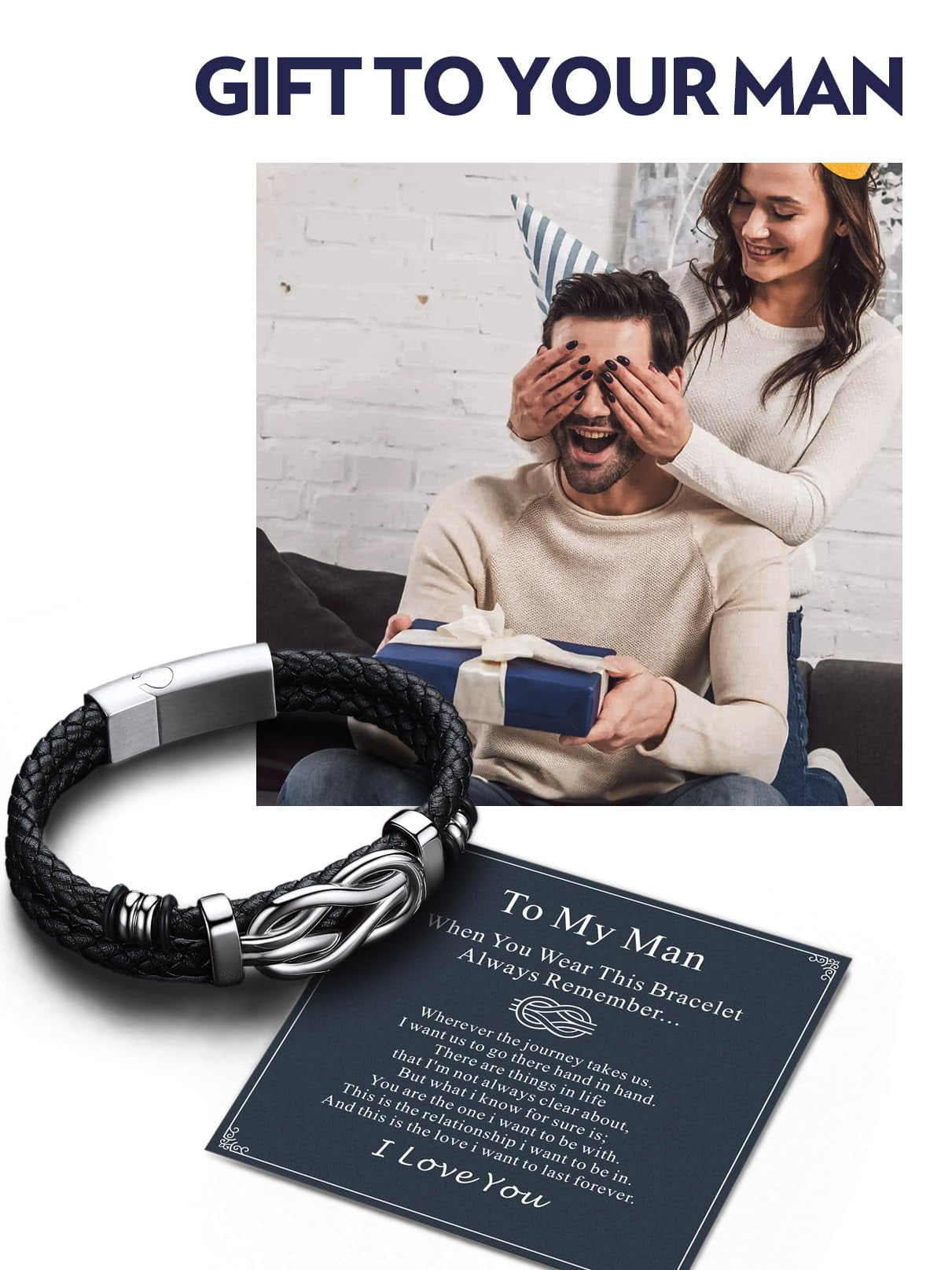 Bandmax 8.26'' Black Leather Bracelet for Men Infinity Knot Leather Cuff Love Link Bracelet Gift with Card for Your Man Boyfriend Valentine Father's Day Birthday