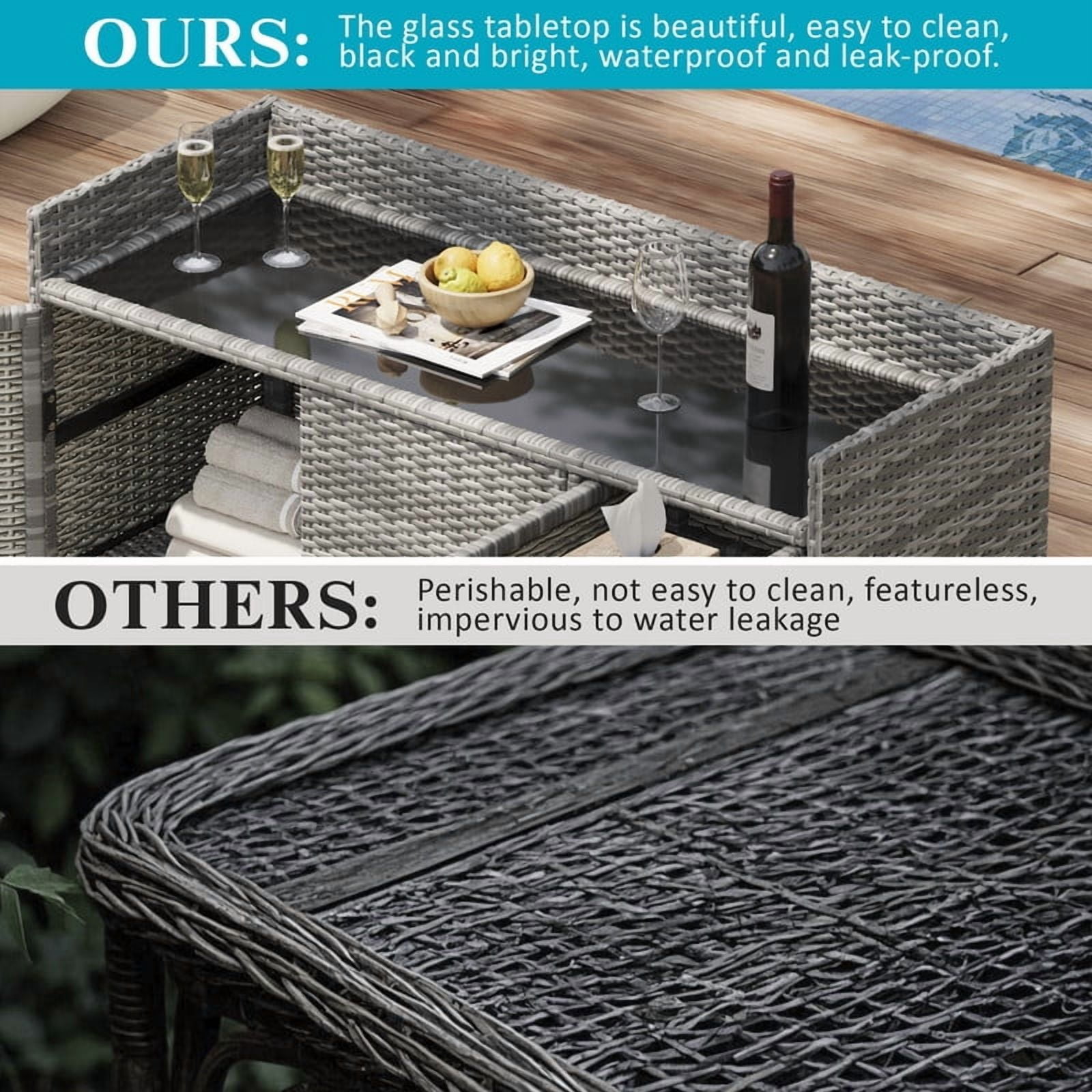 Wicker Outdoor Kitchen Island with Tempered Glass Desktop and Adjustable Shelf, Rattan Bar Table Storage Cabinet with 1 Drawer and 3 Doors