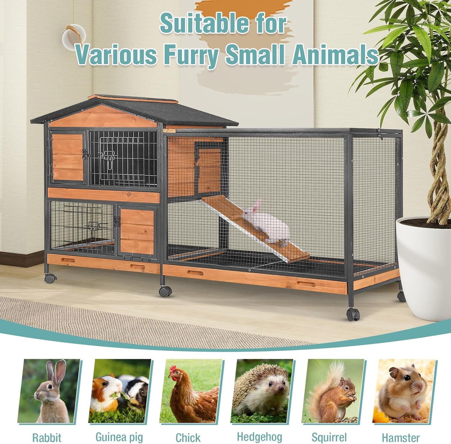 Aivituvin 2-Story Rabbit Cage with Chew-Proof Metal Frame for Indoor/Outdoor 62" Bunny Hutch Guinea Pig Wooden Cages with Wheels & 2 Removable Trays