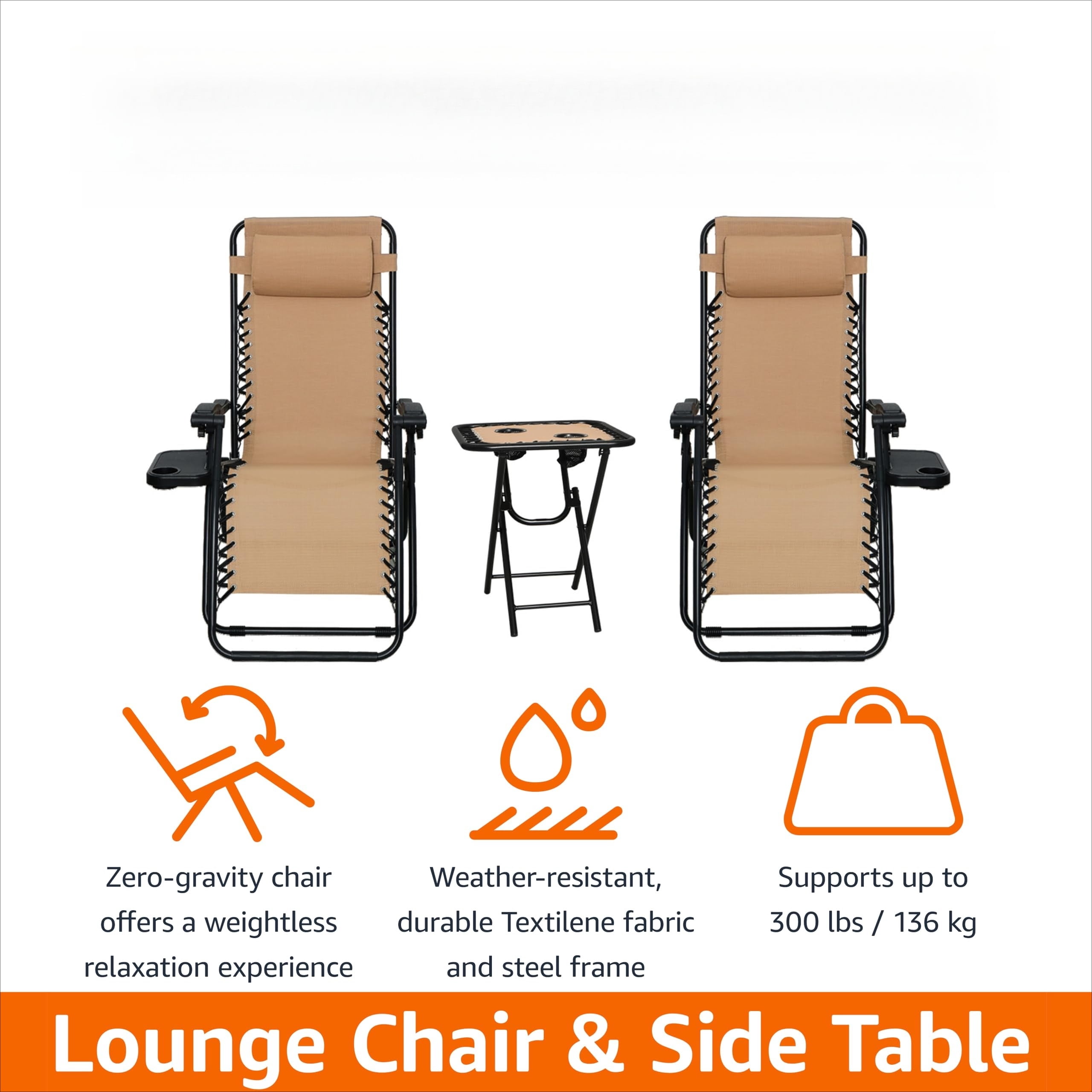 Outdoor Textilene Adjustable Zero Gravity Folding Reclining Lounge Chair Set with Cup Holder, Side Table, Headrest, Weather-Resistant, 35 x 26 x 43 inches, Beige, 2-Pack