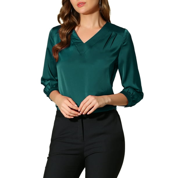 BLUSA DE SATÉN PARA MUJERES INSPIRADA CHIC, SÓLIDA, DE MANGA LARGA, CON CUELLO EN V, TALLA XL, AZUL VERDE
