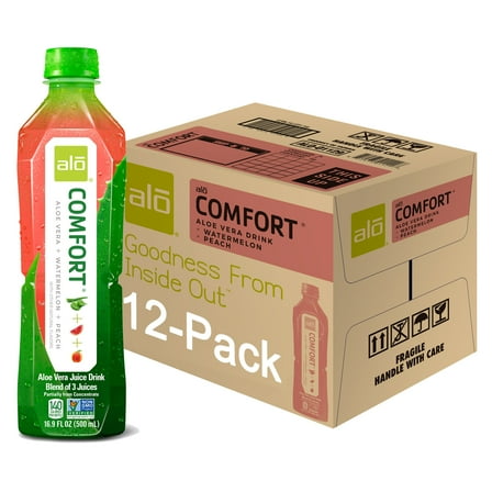 Alo Comfort Aloe Vera Juice Drink, Watermelon   Peach   Aloe, 12 x 16.9 Fl oz bottles, Made with Real Aloe Vera Pulp & Juice Straight from the Leaf