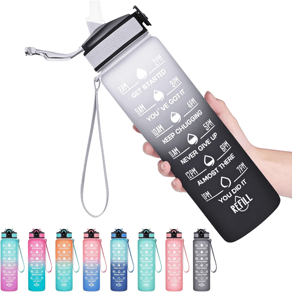ACDANC Water Bottle with Straw&Time Marker,Plastic 32Oz Leakproof|Motivational Tritan Bpa Free Gym Office Outdoor Intake Tracker Hourly Reminder Straw Lid Carry Strap