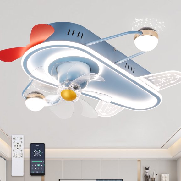 Bella Depot 26" Modern Flush Mount Ceiling Fan Blue Dimmable LED Light with Remote and App Control