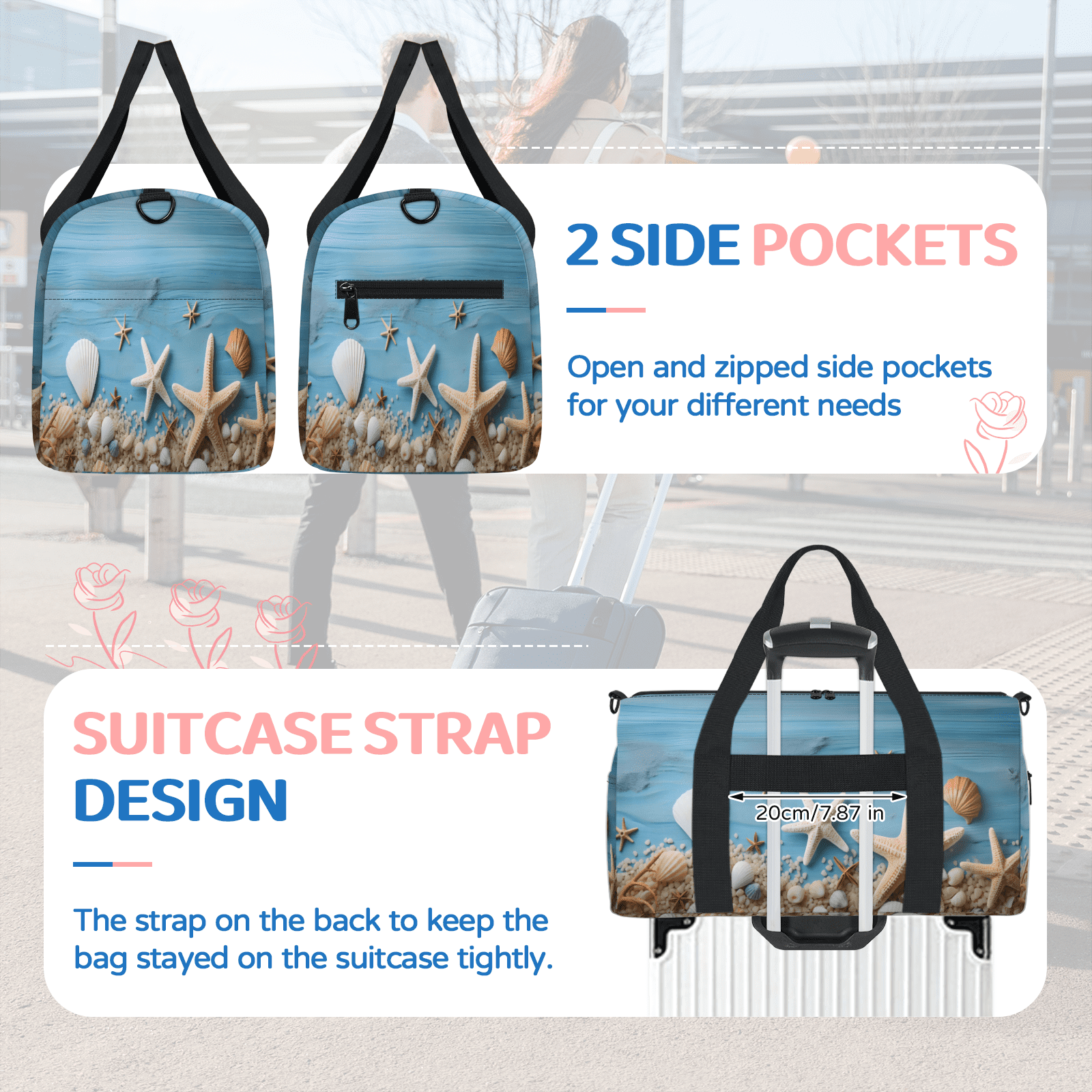Herdesigns Blue Ocean Starfish Seashell Travel Duffle Bag Sports Yoga Weekender Overnight Carry on Workout Bags Lightweight Waterproof Gym Tote Bag for Women