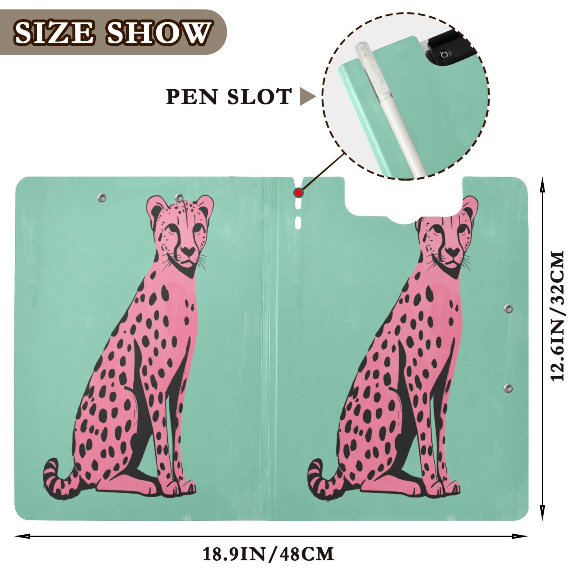 FORMRS A4 Clipboard Folder with Pen Holder Horizontal Foldable School Office Binder, Pink Cheetah