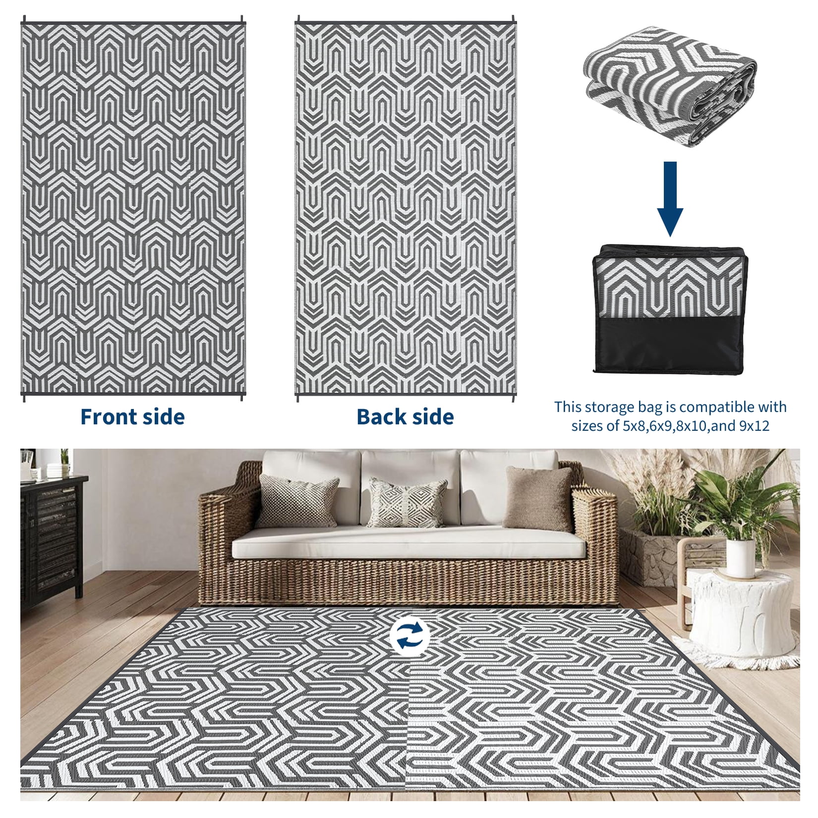 Garvee Waterproof Outdoor Rug 8x10ft Reversible Patio Rug, Plastic Straw Rug RV Camping Rug for Deck Balcony Porch Picnic Backyard, Gray White