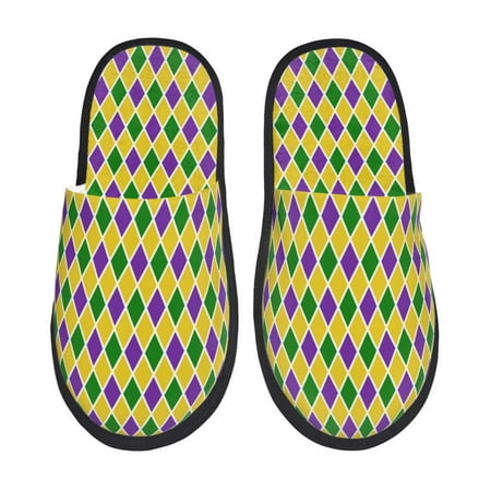 

Qekee Mardi Gras Purple Yellow Plaid print Slippers for Women and Men Fluffy Cute Cozy House Slipper Funny Furry Bedroom Slippers for Women Indoor -Large