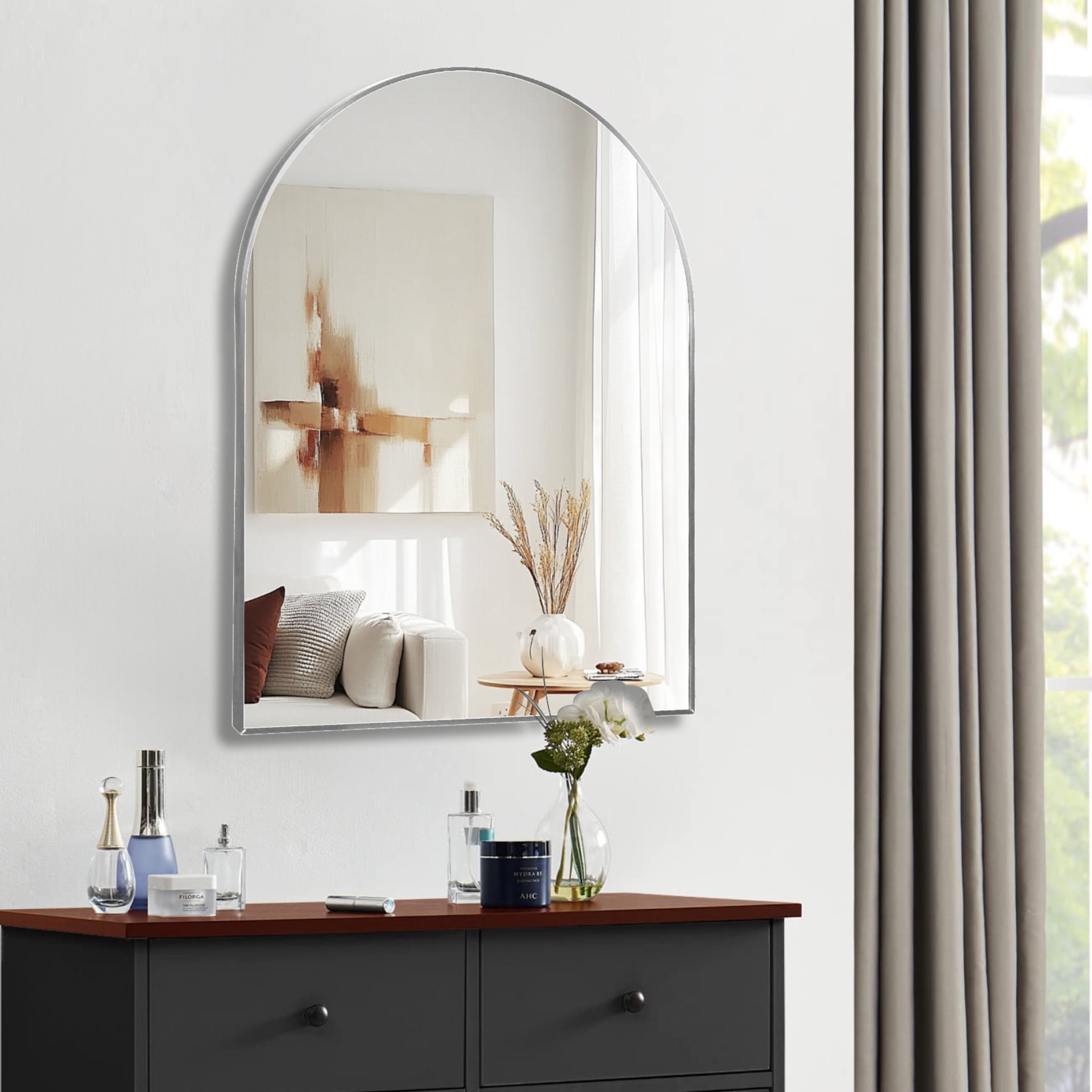 Noble House 30"x40" Arched Metal Wall Mirror, Vanity Mirror for Bathroom, Bedroom & Living Room, Silver