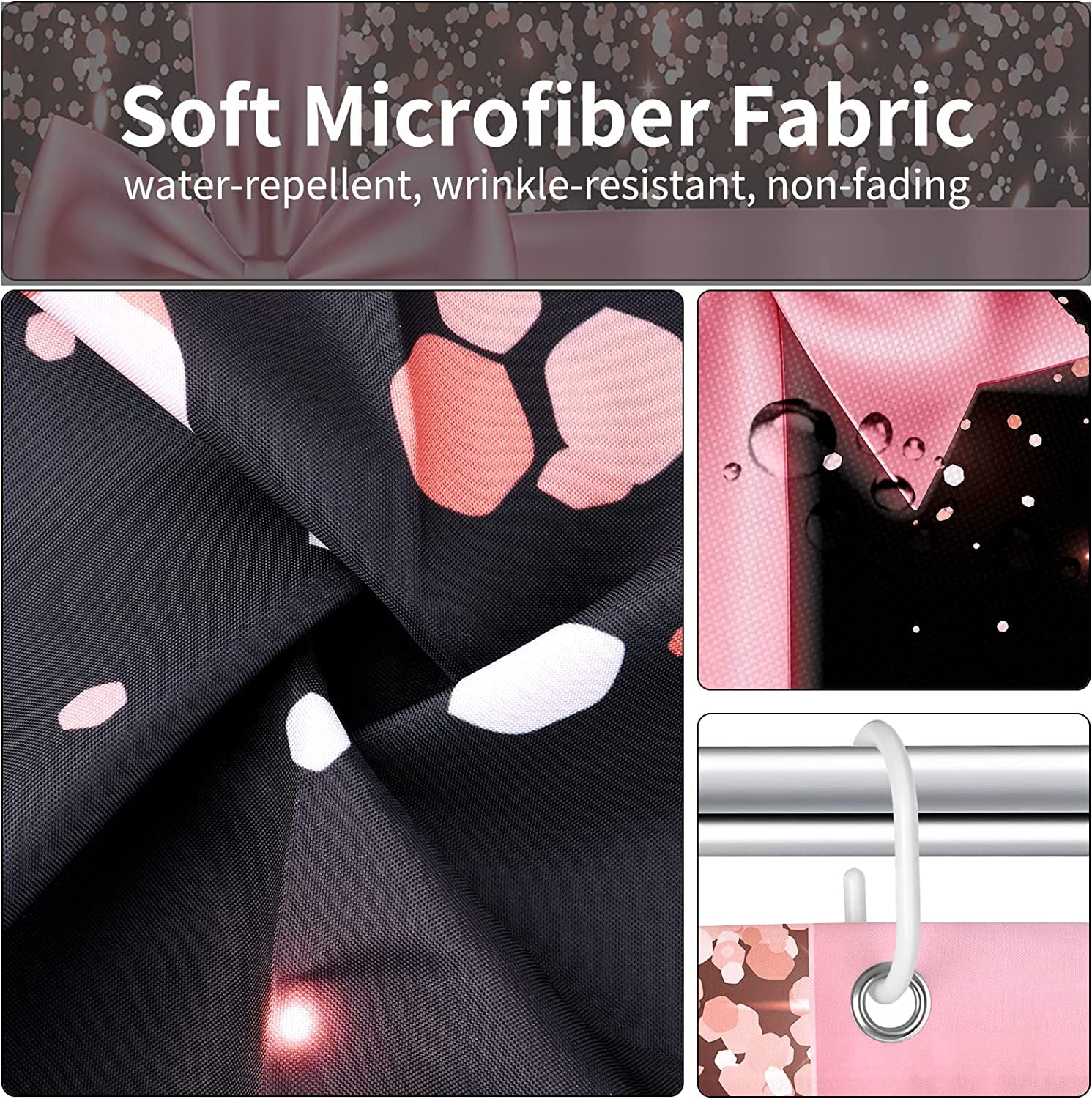 Rose Gold Glitter Bling Shower Curtain,Pink Bow Shower Curtain Bathroom Decor for Women Girl with 12 Hooks Christmas Birthday Elements Washable Durable Polyester Fabric 72x72 Inches