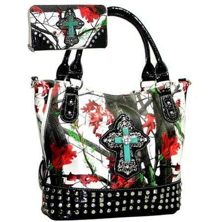 CRL662WC105SET-RD-Mul Western Camouflage Cross Accent Rhinestone Bling Purse with Matching Wallet - Red