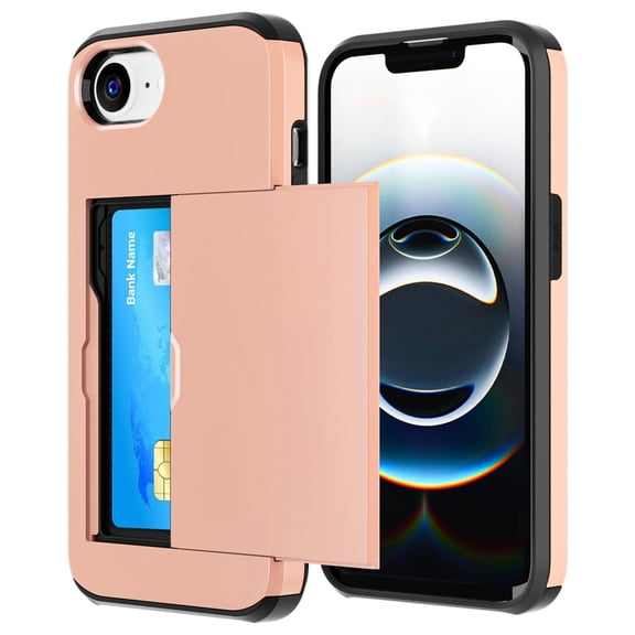 for iPhone 17e / iPhone 16e Case with Card Holder Shockproof Dual Layer TPU PC Heavy Duty Protective Case Hidden Card Slot Slim Wallet Cover for iPhone 16e/17e,Rosegold