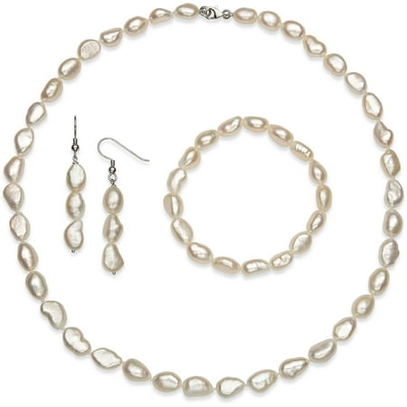 7-8mm Baroque Cultured Freshwater Pearl Sterling Silver Necklace (18), Stretch Bracelet (7) and Earring Set