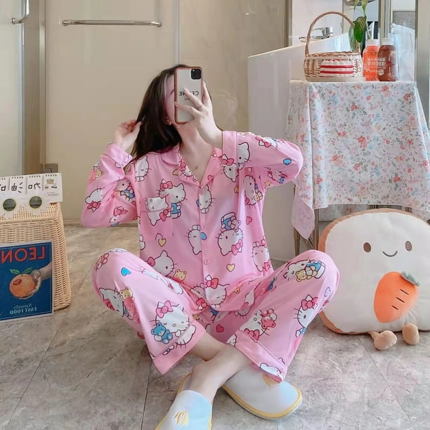 Sanrio-Conjunto de pijama de Hello Kitty para niña, ropa de casa cálida de manga larga con dibujos animados de Kuromi Cinnamoroll, regalo para estudiantes, primavera y otoño