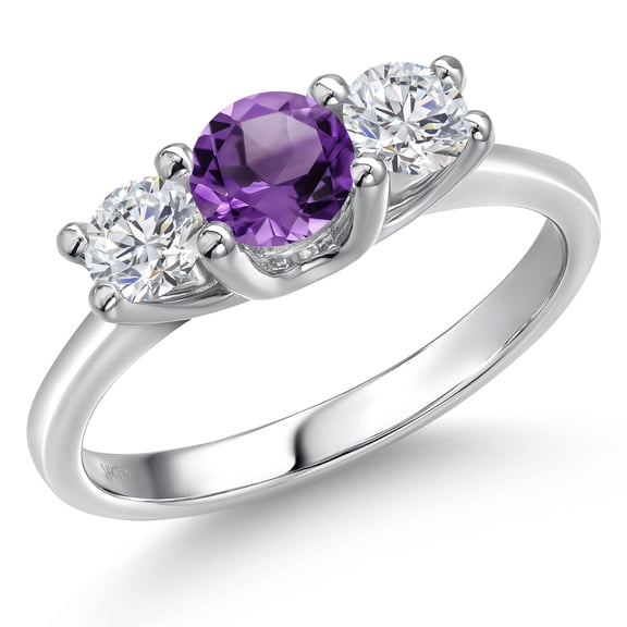 Gem Stone King 14K White Gold Purple Amethyst & White Lab Grown Diamond 3-Stone Engagement Ring | 1.02 Cttw | Round 5MM and 4MM | Three Stone Wedding Anniversary Promise Ring for Women (Size 8)