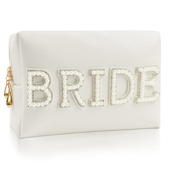 Kovewon Bolsa de maquillaje con letras de parche de novia para mujer, dama de honor, regalo de compromiso para ella, bolsa de aseo de viaje con diamantes de imitación de perlas blancas, bolsa de maqui