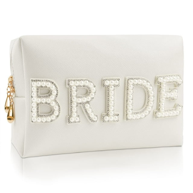 Kovewon Bolsa de maquillaje con letras de parche de novia para mujer, dama de honor, regalo de compromiso para ella, bolsa de aseo de viaje con diamantes de imitación de perlas blancas, bolsa de maqui