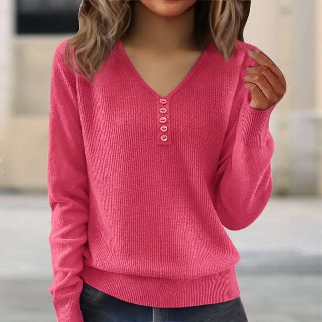 Fall Sweaters for Women Dressy Women's Plus Size V Neck Button Knit Sweater - Long Sleeve Soft Loose Slimming Versatile Layering Top