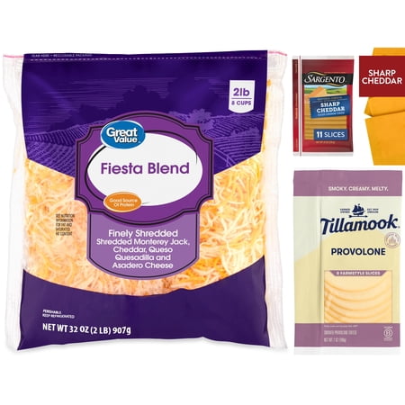 Shredded & Sliced Cheese Variety Bundle: Fiesta Blend, Sharp Cheddar & Provolone