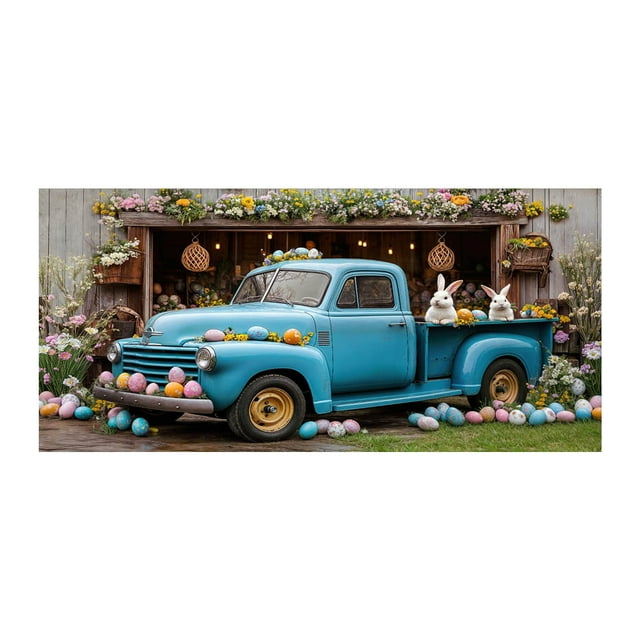zhangmingg Easter Blue Truck Garage Door Banner with Rabbit and Colorful Eggs Decoration for Spring Holiday