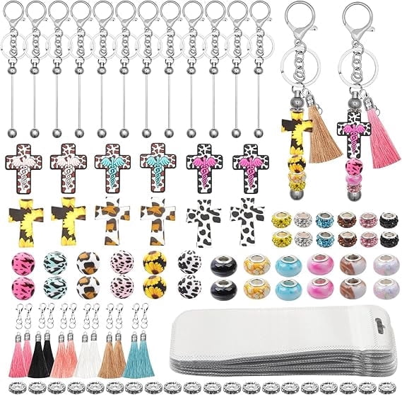116PCS Beadable Keychain Kit with Jesus Cross Silicone Beads, Christian DIY Keychain Making Kit with Beadable Keychain Bars, Tassels & Clasps, Faith Craft Supplies for Church Groups, Women & Teens