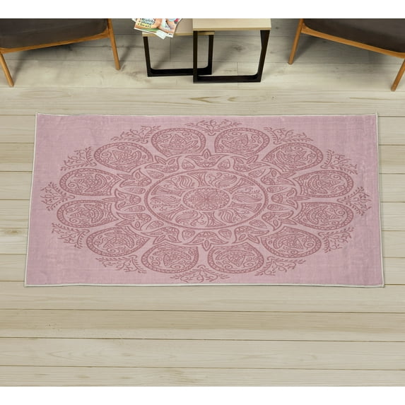 Oriental Decorative Rug, Abstract Round Mandala Designed with Flower Leaves and Stems Elements, Quality Carpet for Bedroom Dorm and Living Room, 6 Sizes, Pale Pink, by Ambesonne