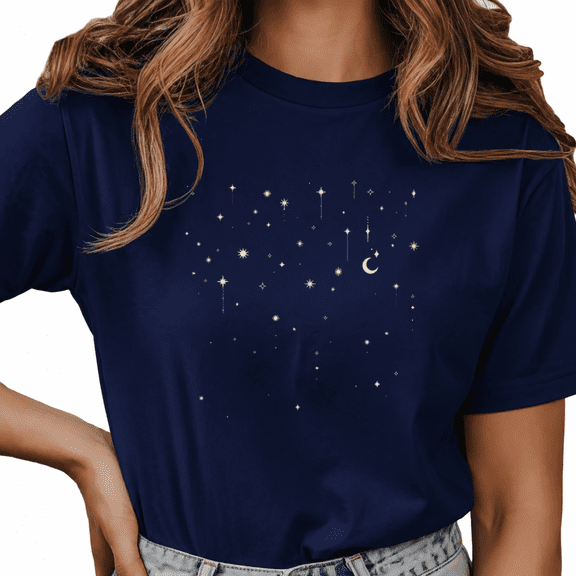 Giffimy Women's Navy Blue Celestial Star Graphic Short Sleeve T-Shirt Soft Cotton Crewneck Top