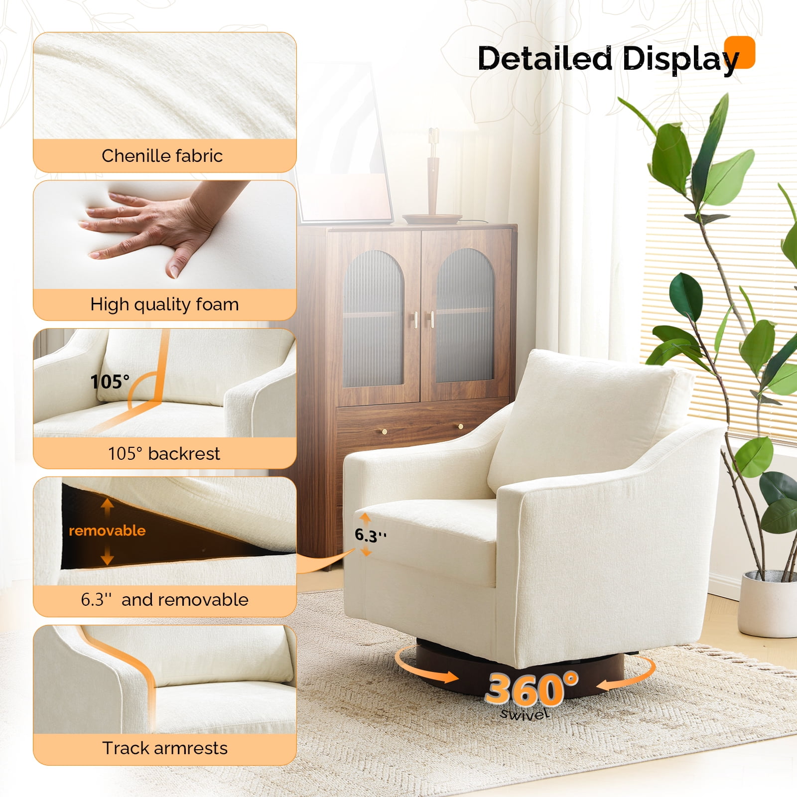 Ktaxon 360° Swivel Accent Chair Soft Chenille Fabric Arm Chair High Resilience Cushion Ideal for Living Room  Bedroom Furniture Off White