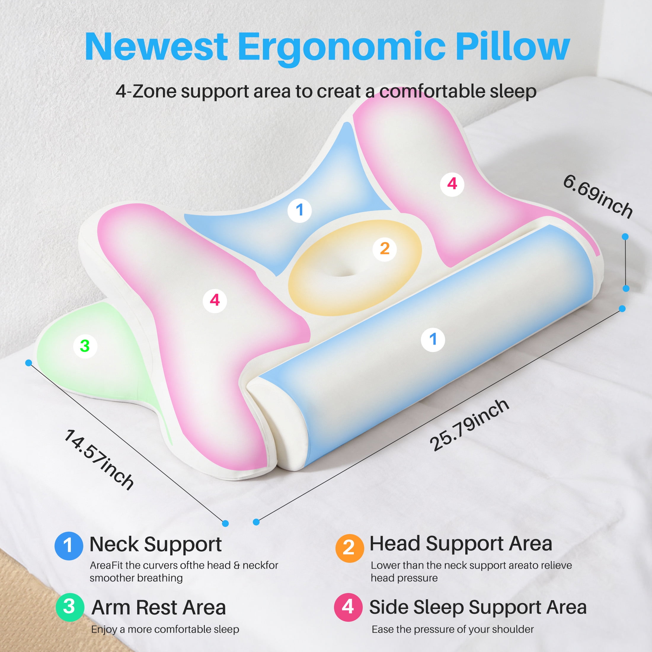 EDX Queen Size Cervical Pillows Memory Foam Bed Pillow for Neck Pain Relief- Removable Cover,White