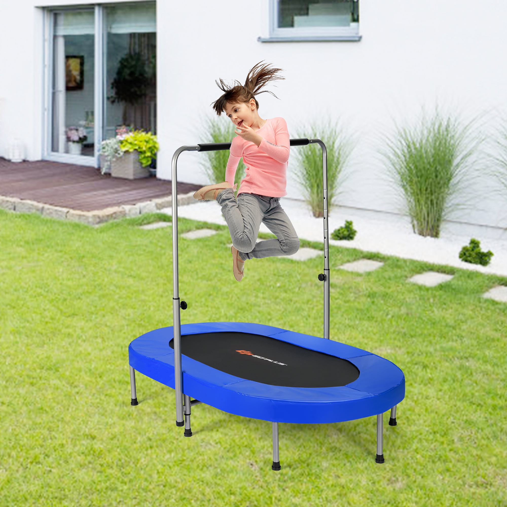 Goplus Foldable Trampoline Double Mini Kids Fitness Rebounder with Adjustable Handle Blue