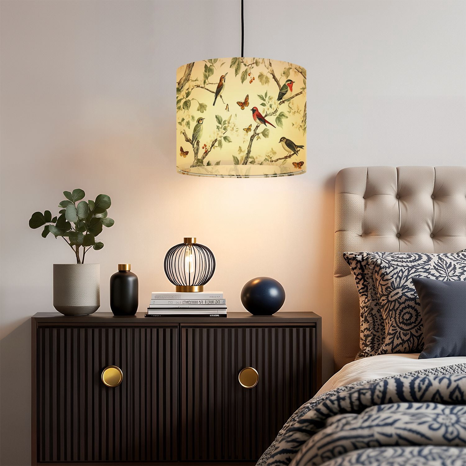 Linen Drum Lampshades Vintage Bird Floral Butterflies Leaf Birds Branches Leaves 13"x13"x10" Light Shade for Table Lamps Floor Lamps Drum Lamp Shades Lampshade Replacement Assembly Required