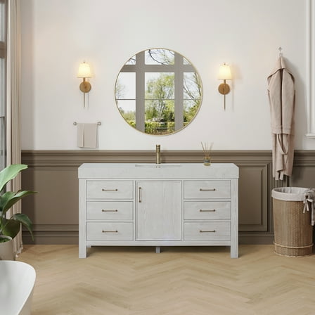 Leon 60" Single Bathroom Vanity in Washed White w/ Composite in Lightning White