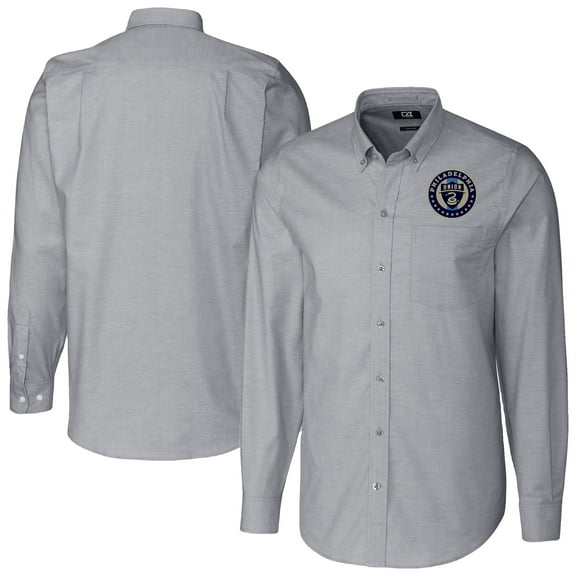 Men's-Cutter & Buck  Charcoal Philadelphia Union Stretch Oxford Stripe Tri-Blend Long Sleeve Button-Down Shirt
