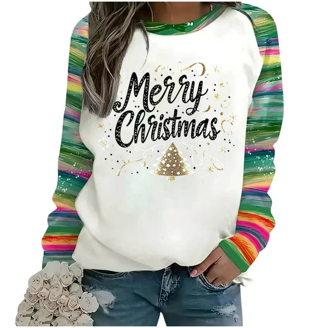 Économies d'Hiver! HVOBTTY Chandail-Over pour Femmes, Mode de Noël Décontractée Imprimé Col Rond Manches Longues Ample Sans Capuche Blanc, P