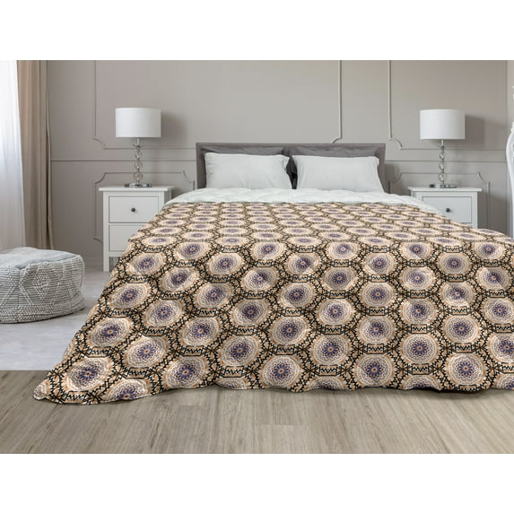 Orange Mandala Down Alternative Comforter, Stained Glass Mosaic Looking Ornamental Geometrical Abstract Floral Pattern, Microfiber Quilt for All Season, 5 Sizes, Multicolor, by Ambesonne