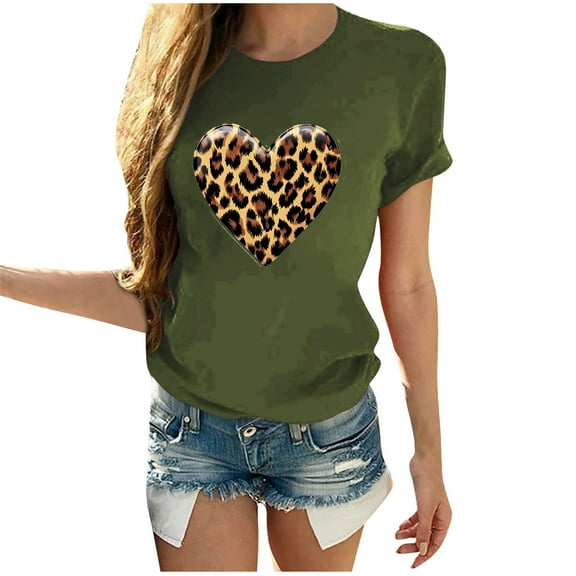 Women's Leopard Heart T-Shirts Valentines Day Fashion Short Sleeve Tops Cute Crewneck Basic Tee Top