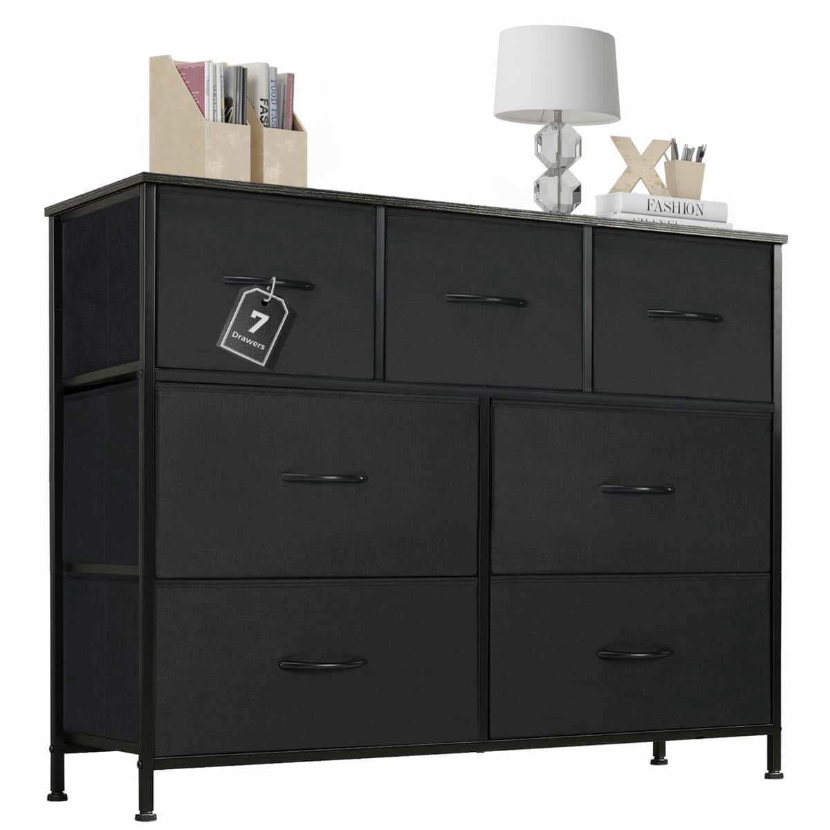 GVN Dresser, Chest of Drawers,Tall 7 Drawers Dresser Fabric Storage Tower, Wooden Top for Kid Room, Closet, Entryway, Nursery, Black