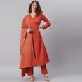 thumbnail image 3 of Janasya Indian V-Neck Full Sleeve Striped Orange Cotton Kurta With Pant And Dupatta For Women, 3 of 9