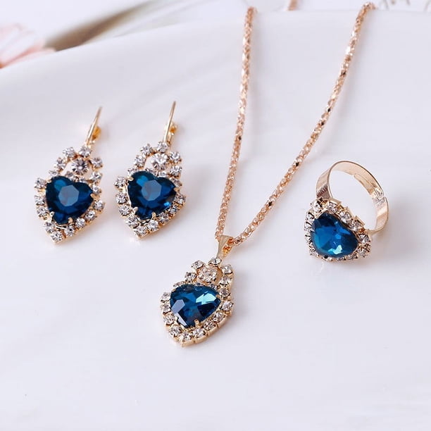 Nvzi Conjunto de joyas de diamantes de imitación con forma de gota de agua a la moda, collar con colgante de gota de agua retro,conjunto de joyas para madre, novia, boda, azul lago B